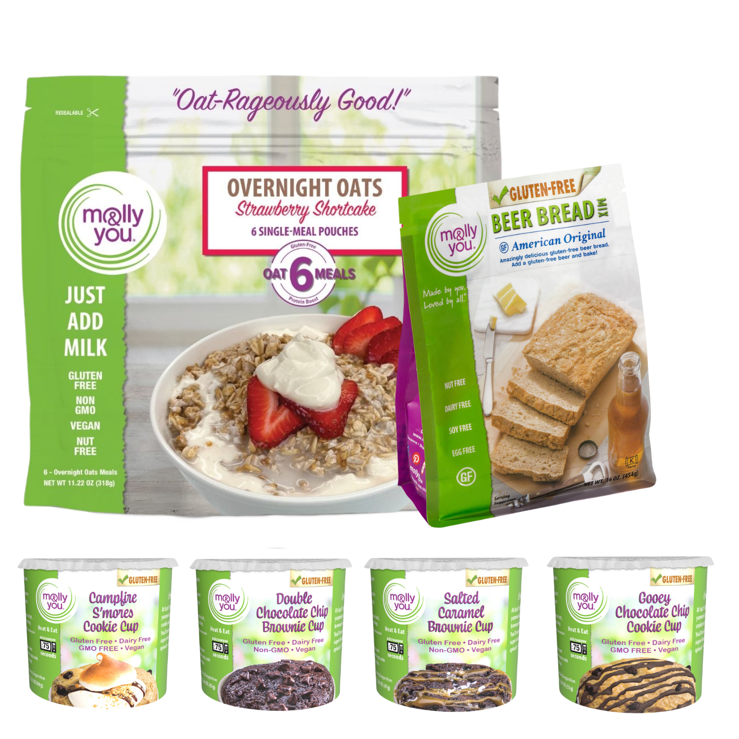 Ultimate Gluten-Free Bundle includes 1 -6 pack of Strawberry Shortcake Overnight oats, 1 Gluten-Free American Original Beer Bread Mix, 1 of the following dessert cups (Campfire S'mores Cookie, Double Chocolate Chip Brownie, Salted Caramel Brownie, and Gooey Chocolate Chip Cookie) 