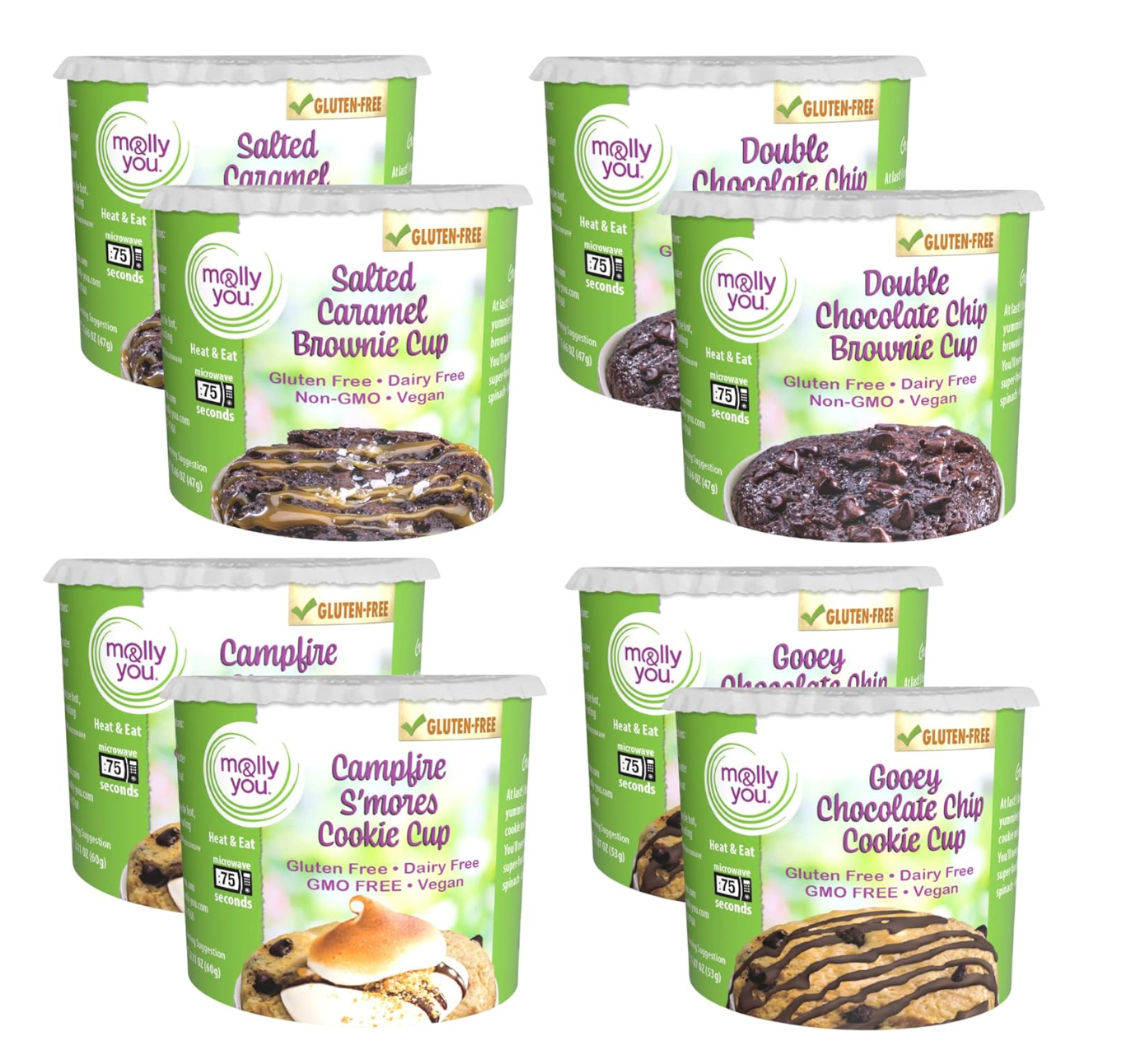Ultimate Variety Gluten-Free Cup Bundle including, Salted Caramel Brownie, Double Chocolate Chip Brownie, Campfire S'mores Cookie, Gooey Chocolate Chip Cookie Cup