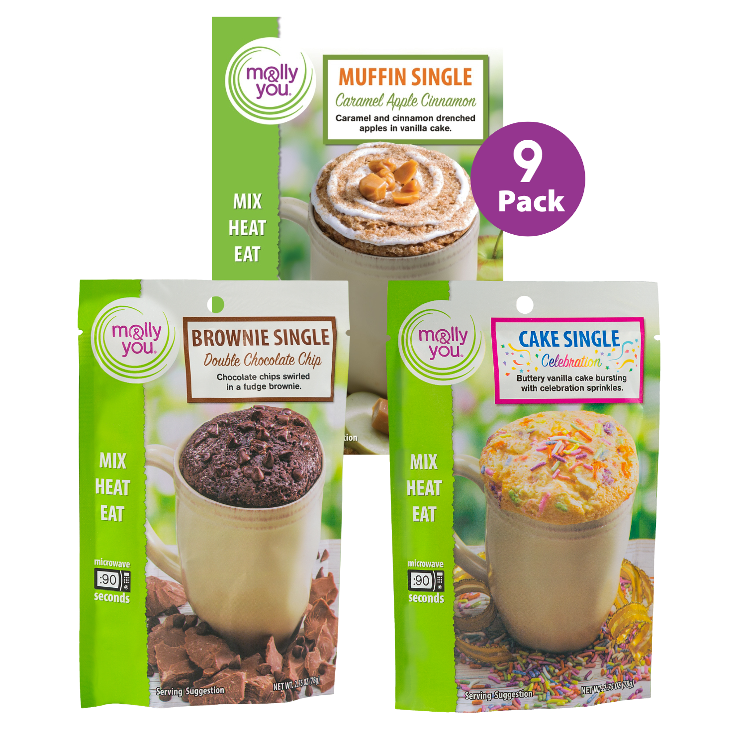 Top Selling Mug Cakes, Caramel Apple, Double Chocolate Chip, Celebration