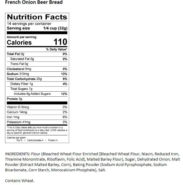 French Onion Beer Bread Mix Nutrition Facts
