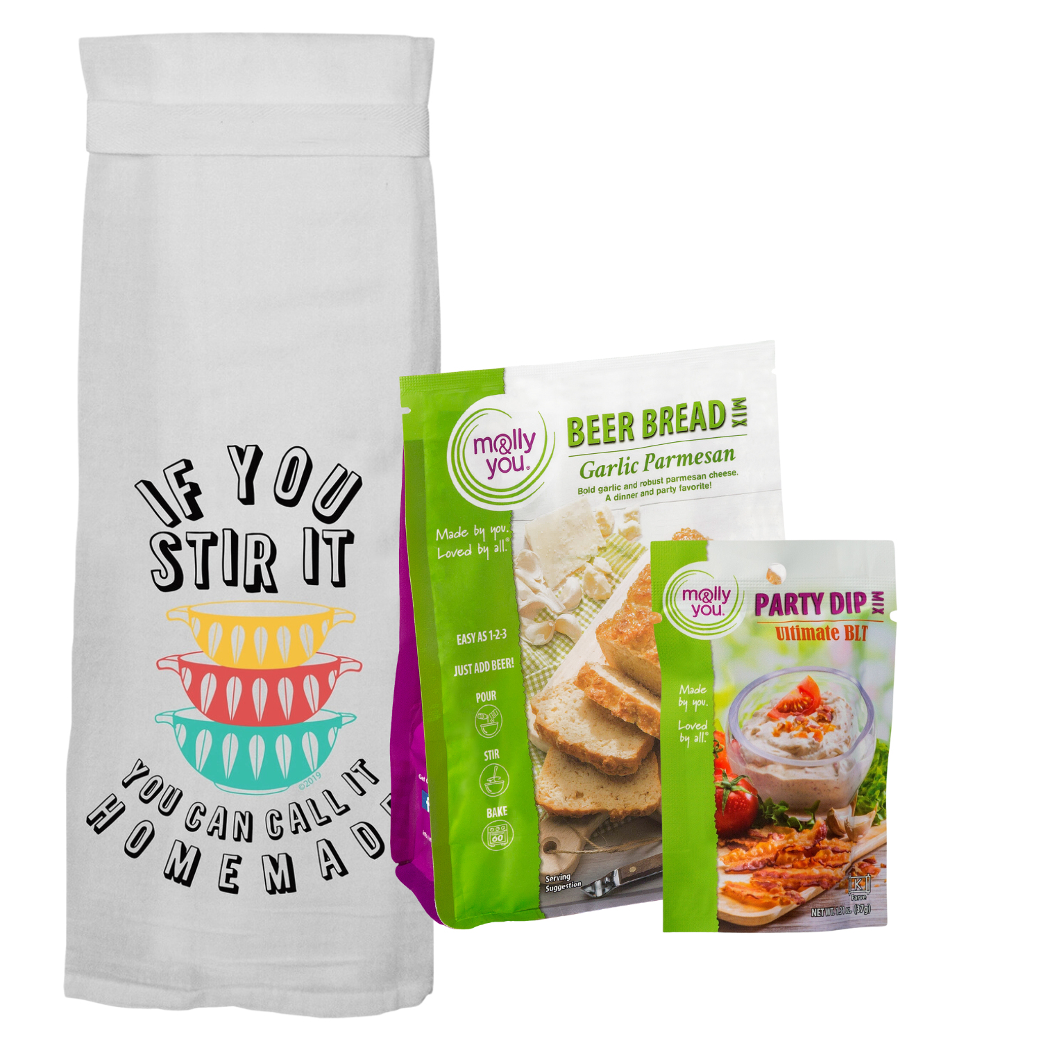 Housewarming Gift - This bundles includes 1 Hang Tight Towel, 1 Garlic Parmesan Beer Bread Mix, and 1 Ultimate BLT Party Dip Mix 