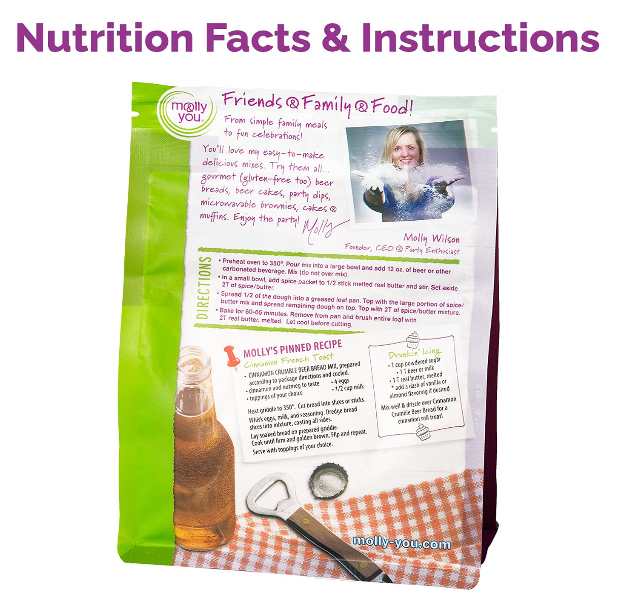Nutrition Faces & Instructions for our Cinnamon Crumble Beer Bread Mix
