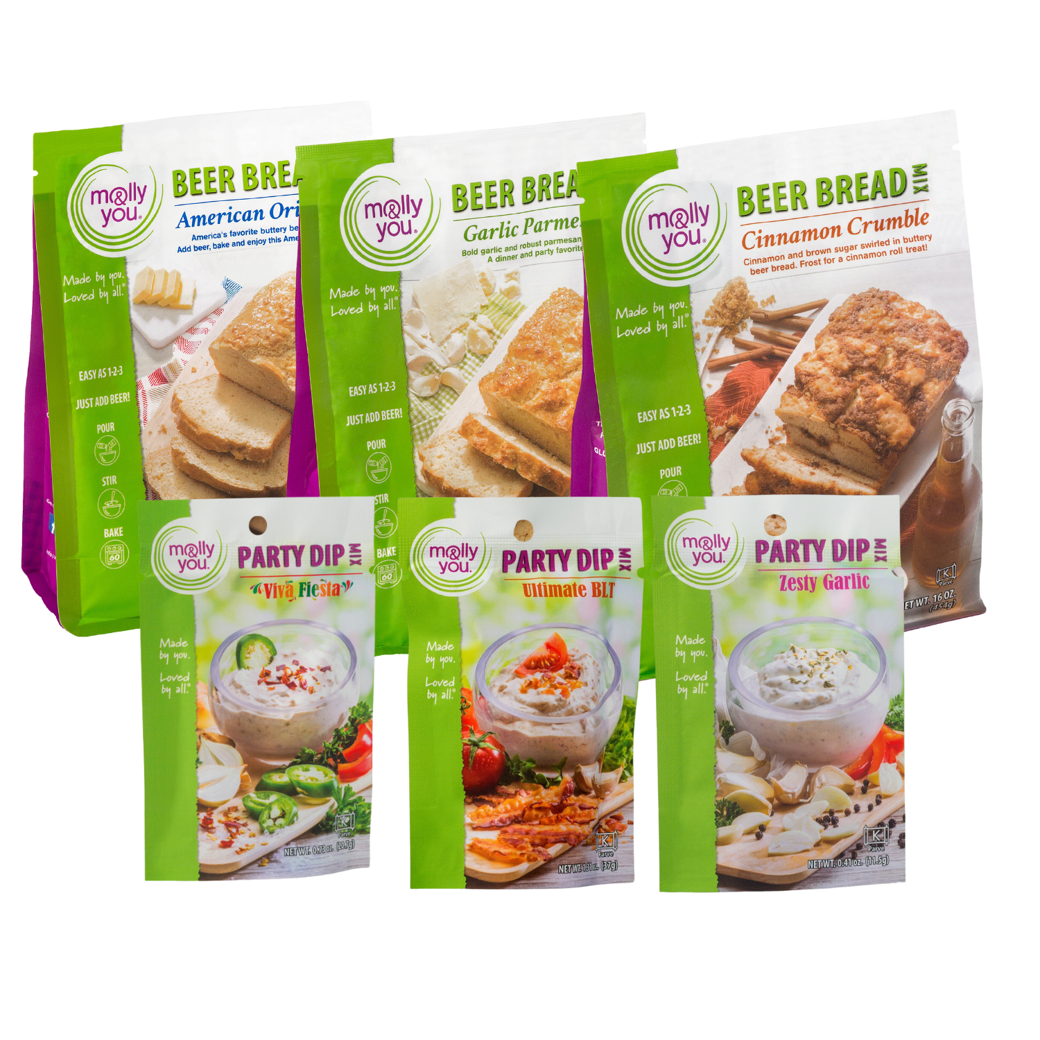 Top Trio Bundle of our top Beer Bread Mixes and Party Dip Mixes - American Original, Garlic Parmesan, Cinnamon Crumble Beer Bread Mix and Viva Fiesta, Ultimate BLT, and zesty Garlic Party Dip Mix