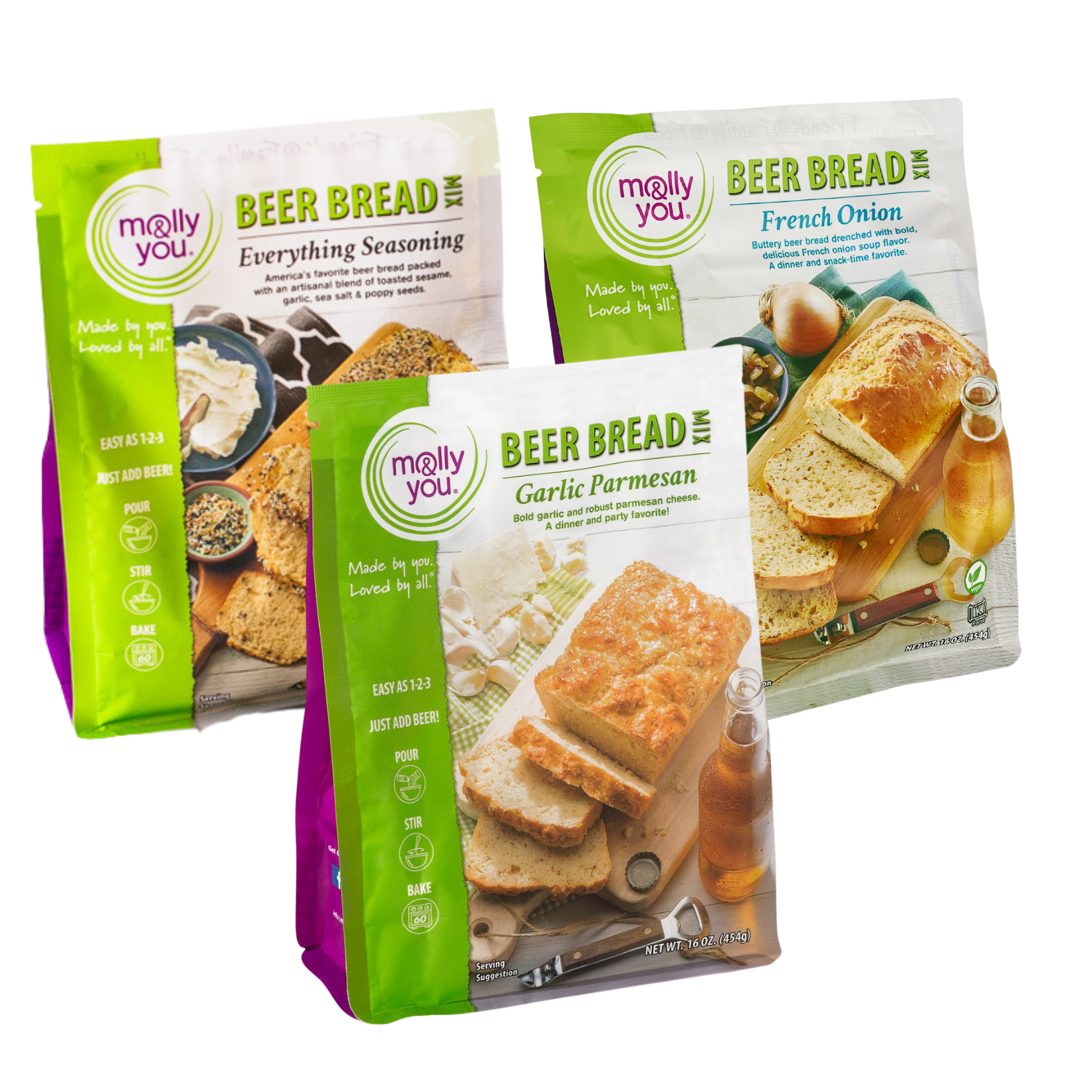 Our top zesty beer bread mixes - Everything Seasoning, French Onion, and Garlic Parmesan Beer Bread Mix