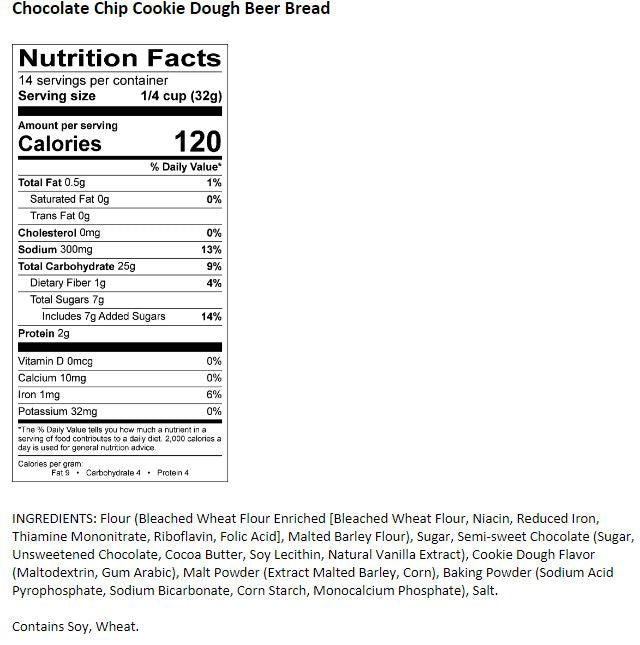 Nutrition Facts of Chocolate Chip Cookie Dough Beer Bread